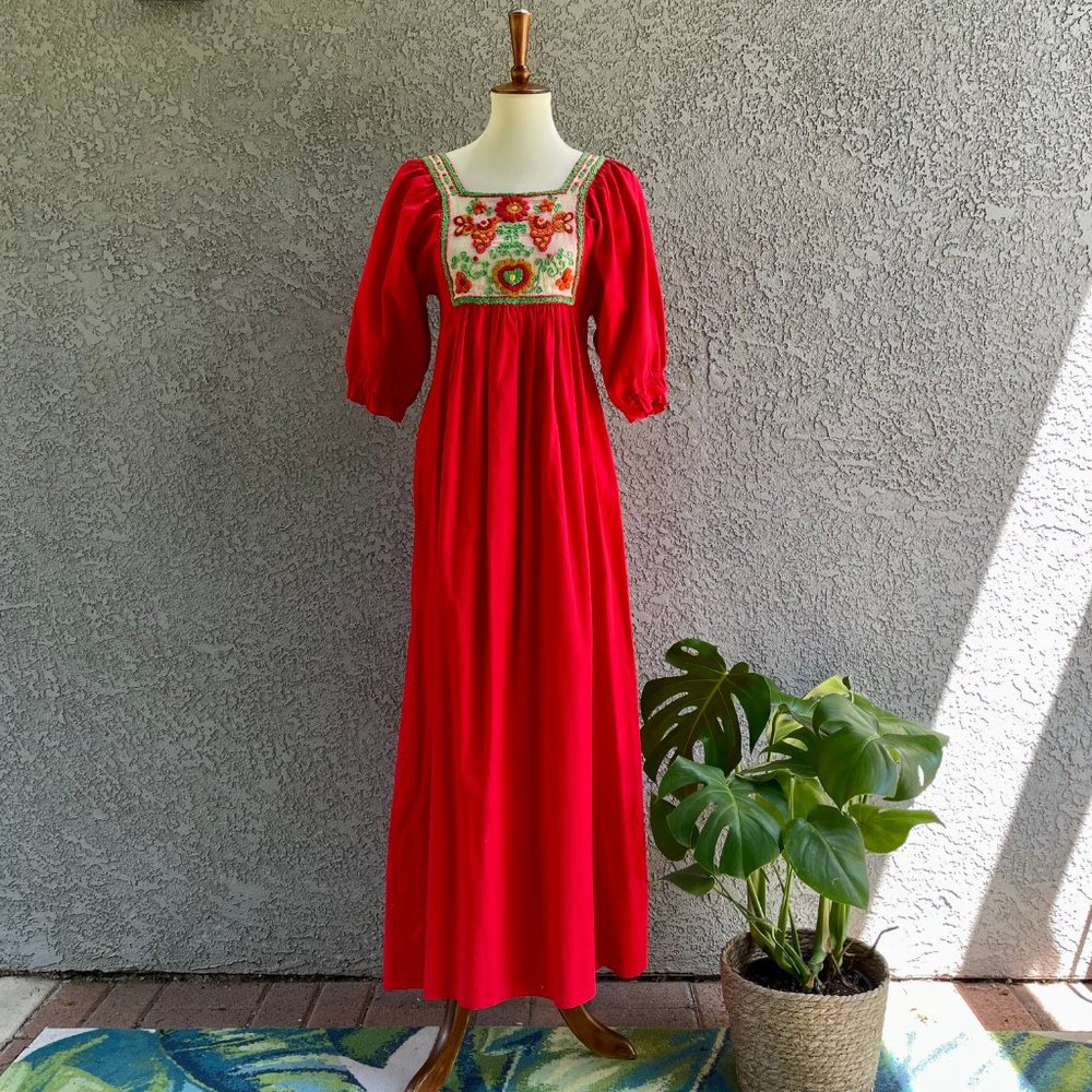 Vintage Red Embroidered Maxi Dress